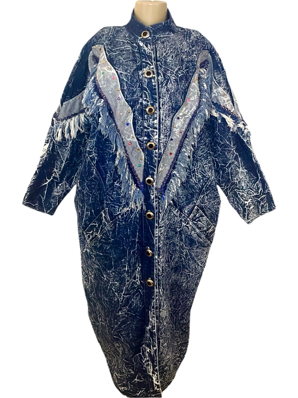 Vintage 80s Christie Acid Wash Bejeweled Denim Duster w/ Fringe